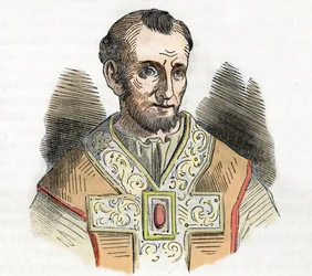Medeltiden: representation av påven Nicholas I den store (Nicola I, Nicholas eller Nicolo eller Niccolo eller Nicolaus) (858-867) teckning från "I misteri del vaticano" av Franco Mistrali 1843