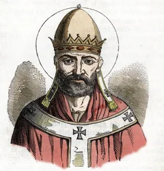 Porträtt av påven Damasus I (påven Damasus) (305-384) teckning från "I misteri del vaticano" av Franco Mistrali 1843