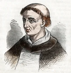 Porträtt av Saint Dominica av Guzman (1170-1221), grundare av Dominikanerorden (Saint Dominic) Teckning från "Misteri del Vaticano" av Franco Mistrali
