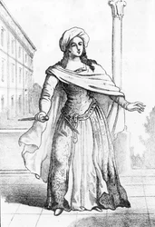 Porträtt av den unga romerskan Beatrice Cenci (1577-1599), anklagad för mordet på sin far Francesco Cenci år 1598 (Porträtt av den unga romerska adelskvinnan Beatrice Cenci som mördade sin far, greve Francesco Cenci, år 1598). Gravyr ur ”I misteri del va”