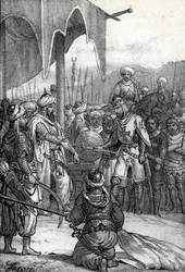 Sjunde korståget: Kung Ludvig IX togs till fånga i slaget vid Fariskur den 6 april 1250 (Sjunde korståget: Kung Ludvig IX fånge vid slaget vid Fariskur, 6 april 1250) Ritning från "Misteri del Vaticano" av Franco Mistrali
