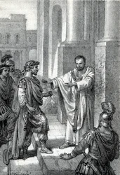 Ärkebiskopen Sankt Ambrosius av Milano (Aurelius Ambrosius, Ambrogio di Milano (340-397) förbjöd inträde av kyrkan till den romerske kejsaren Theodosius I (Flavius Theodosius) (347-395) för att straffa honom för massakern i Thessalonika 390 - Excommunicati