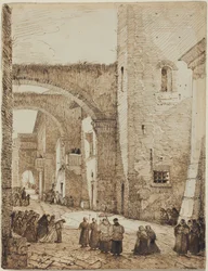 En präst i procession genom en medeltida gata i Viterbo