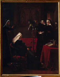 Gröna gröna nunnor som ger mat till papegojan till en sovande nunna. Målning av Francois Marius Granet (1775-1849)