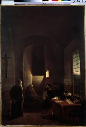 ""Den italienske astronomen Galileo Galilei (Galilee) (1564-1642) i sin cell i Florens under inkvisitionen"" Målning av Francois Marius Granet (1775-1849) 1800-talets Eremitagemuseum, Sankt Petersburg