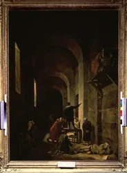 ""Målaren Jacques Stella (1596-1657) i fängelse"" (Målaren Jacques Stella i fängelse). Illustration från ""Intervjuer om de mest utmärkta antika och moderna målarnas liv och verk"" av Andre Felibien. Målning av Francois Granet (1775