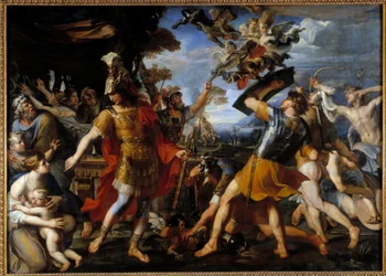 Aeneas och hans följeslagare strider mot harpyorna. Målning av François Perrier (1590-1650), 1646. Olja. 1,55 x 2,18 m