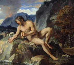 Cyklopen Polyfemos med en panflöjt, detalj ur «Akis och Galatea». Nymfen Galatea och Akis betraktas av cyklopen Polyfemos, svartsjuk på deras idylliska kärlek. Enligt Ovidius «Metamorfoser». Målning av François Perrier (1590-1650), 1600-talet