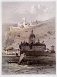 Chateau a Pfalz, Tyskland. I "" Den monumentala och pittoreska Rhen"". Litografier av Fourmais och Stroobant