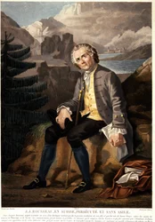 Jean Jacques Rousseau i Schweiz, förföljd och utan asyl. Akvatint av Charon d
