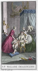 Den imaginära patienten. Teaterstycke av Jean Baptiste Poquelin dit Moliere (1622-1673). Gravyr i "The imaginary patient" av T. de Mare efter Boucher.