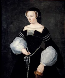 Porträtt av Diane de Poitiers, dam av Brézé, hertiginna av Valentinois (1499-1566), i sorgdräkt (änkedräkt) efter sin make Louis de Brézé, som dog 1531, och med en spegel i handen, omkring 1550, cirka 1