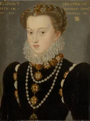 Porträtt av Elisabet av Österrike, hustru till Karl IX av Frankrike, efter 1571 (olja på pannå)