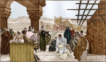 Pierre Abelard eller Abailard (1079-1142), fransk filosof och teolog och hans skola på berget Sainte Genevieve. Från fresken av Francois Flameng.