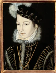 Porträtt av Karl IX, kung av Frankrike (1550 - 1574). Atelier de Francois Clouet (1515-1572), v. 1555. Olja på trä. Mått: 0,32 x 0,23 m. Olja på trä. - Porträtt av Karl IX, kung av Frankrike (1550-1574). Verkstad av Francois Clouet (1515-1572), cirka 1555.