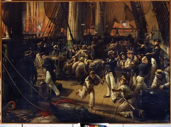 Förberedelser inför ombordstigningen. Målning av Francois Auguste Biard (1798-1882). Olja på duk, 160 x 220 cm