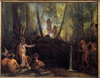 Tillverkning av curare i bresiliska skogen Utvinning av curare, ett ämne som tagits från vinstockar från Amazonas träd som orsakar förlamning. Målning av Francois Auguste Biard (1799-1882) 1800-talets La Rochelle, Musee du Nouveau Monde