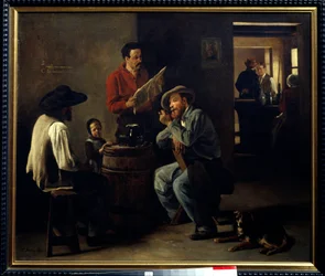 Cabaretinteriör Två män som sitter på en krog lyssnar på läsningen av tidningen. Målning av Francois Bonvin (1817-1887) 1859 Arras, Musee des Beaux Arts.