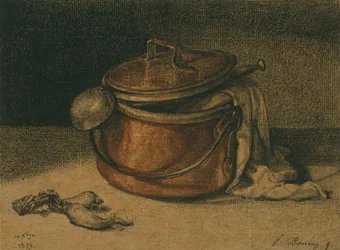 Stilleben med koppargryta och slev