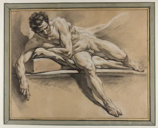 Akademisk studie av en liggande manlig naken, ca 1750 (svart, röd och vit krita på papper)