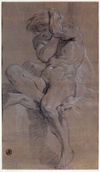 Akademien för sittande naken man Ritning i rött blod av Francois Boucher (1703-1770) 1700-talets Paris, Louvren