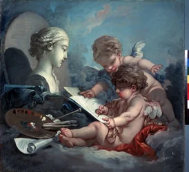 ""Allegory of Painting"" (Cupids. Allegory of Painting) Målning av Francois Boucher (1703-1770) omkring 1760 Dim. 82x87 cm Eremitagemuseet, Sankt Petersburg (Sankt-Petersburg)