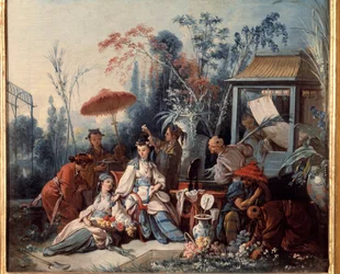 Kinesisk trädgårdsscen av kinoserier som föreställer en ung kvinna omgiven av tjänare. Målning av Francois Boucher (1703-1770)