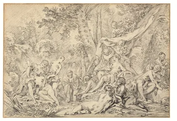 Diana och Callisto (svart krita på papper)