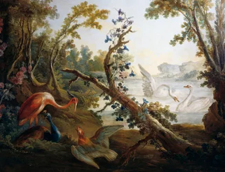 Landskap med svanar, ca 1765, av Francois Boucher (1703-1770), Jean-Baptiste Huet (1745-1811) och Jean Honore Fragonard (1732-1806), detalj från norra väggen på Salon Demarteau, Paris, Frankrike, Frankrike
