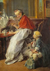 Mor och dotter. Detalj av "" Frukost"". En flicka och hennes dockor tittar på hennes mamma dricka varm choklad. Målning av Francois Boucher (1703-1770)