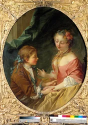 Kommer du att göra en av tre saker? Galant scen. Målning av Francois Boucher (1703-1770). 1734 Privat samling