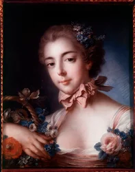 Porträtt av en ung kvinna lutad mot en korg med blommor. Pastellmålning av Francois Boucher (1703-1770)