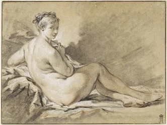 Studie av kvinnlig nakenmodell - François Boucher (1703-1770). Röd krita, svart och vit krita på papper