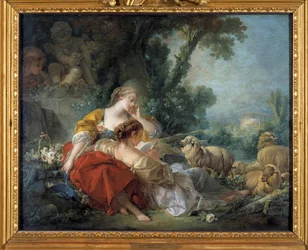 The School of Friendship Scene bucolique: två herdar och flocken. Målning av Francois Boucher (1703-1770) 1760 Karlsruhe. Staatliche Kunsthalle