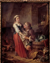 Den vackra kocken Scene galante i ett kök. Målning av Francois Boucher (1703-1770). 1738 Paris. Musee Cognacq Jay