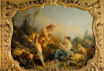 Den självbelåtna pastorala pastorala scenen. Målning av Francois Boucher (1703-1770) 1737 Paris, archives nationales