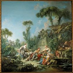 Idyllen i den bukoliska herdescenen. Målning av François Boucher (1703-1770), 1768. Duk. 2,4 x 2,37 m. New York. Metropolitan Museum