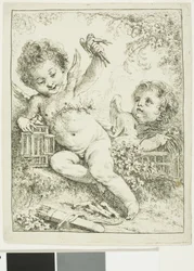 Två putti med en fågel