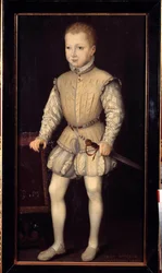 Porträtt av Henrik IV av Navarra (1553-1610), ett barn vid 4 års ålder, under sin vistelse i Paris med sina föräldrar 1557, då prins av Navarra Målning av Francois Bunel II (cirka 1552-före 1599). 1557. Dim. 1,25x0,64 m. Versailles, Versailles slott
