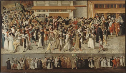 Ligans procession på Île de la Cité, lämnar Notre-Dame, ca 1590 (olja)