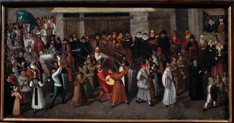 Religiösa krig mellan katoliker och protestanter: "" Procession av förbundet i slutet av Notre Dame 1593"". Målning av Francois II Bunel (1522-1599)