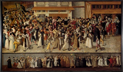 Religiösa krig mellan katoliker och protestanter: "" Procession av förbundet för att lämna Notre Dame på ön La Cite 1593". Målning av Francois II Bunel (1522-1599)