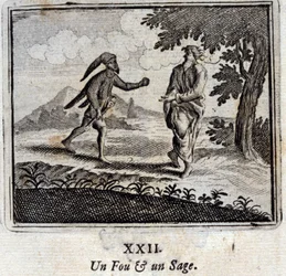 En galen och en klok. Fabler av Jean de La Fontaine (1621-95). Illustration av François Chauveau (1613-1676). Upplaga av 1728.