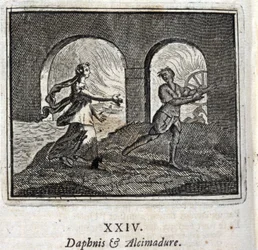 Daphnis och Alcimadura. Fabler av Jean de La Fontaine (1621-95). Illustration av François Chauveau (1613-1676). Upplaga av 1728.