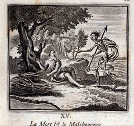 Döden och de olyckliga. Fabler av Jean de La Fontaine (1621-95). Illustration av Francois Chauveau (1613-1676). Upplaga av 1728.