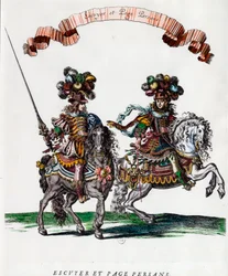 Ecuyer och persisk sida under karusellen som gavs av kung Ludvig XIV (1639-1715) Gravyr av Francois Chauveau (1613-1676) omkring 1662 Privat samling