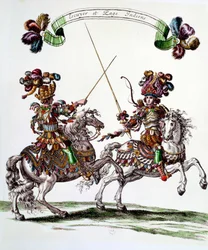 Indiska Ecuyer och en page under karusellen som kung Ludvig XIV (1638-1715) gav till Tuilerierna 1662 för att fira Dauphins födelse. Gravyr av Francois Chauveau (1613-1676) 1600-tal Privat samling.