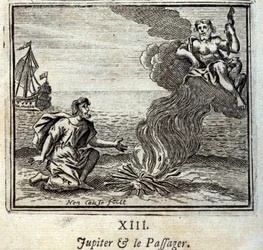 Jupiter och passageraren. Fabler av Jean de La Fontaine (1621-95). Illustration av Francois Chauveau (1613-1676). Upplaga av 1728.