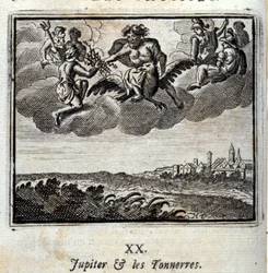 Jupiter and the Thunners.Fables av Jean de La Fontaine (1621-95). Illustration av François Chauveau (1613-1676). Upplaga av 1728.