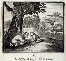 Örnen, suggan och honkatten. Fabler av Jean de La Fontaine (1621-95). Illustration av François Chauveau (1613-1676). Utgåva från 1728.